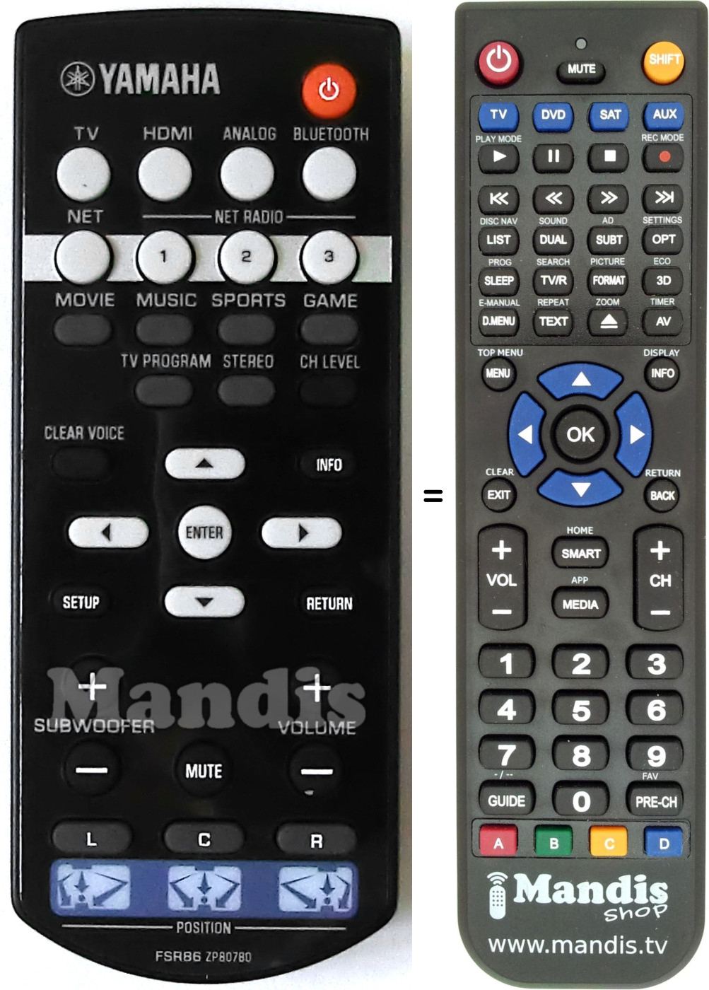 Mando a distancia equivalente Yamaha FSR86