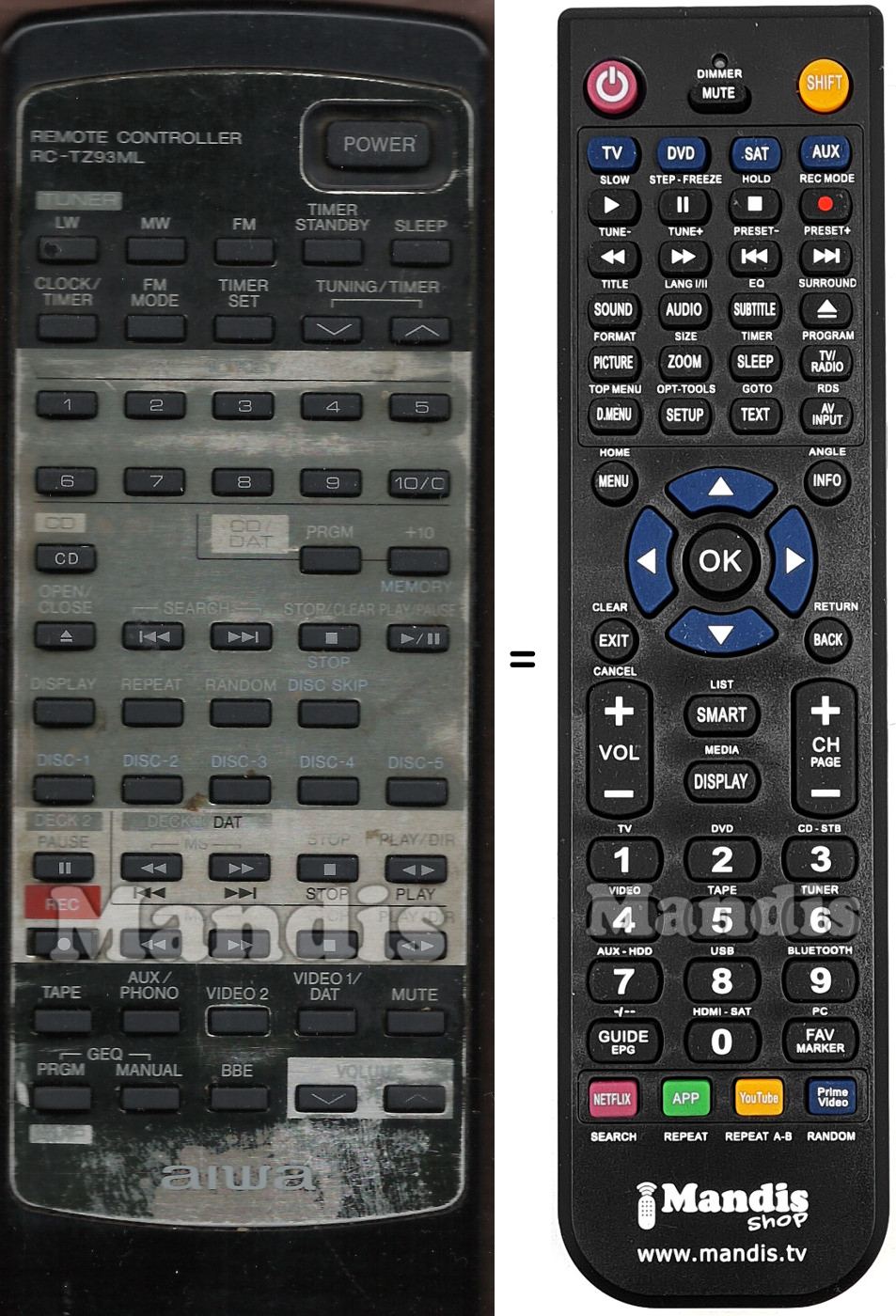 Mando a distancia equivalente Aiwa RC-TZ93ML