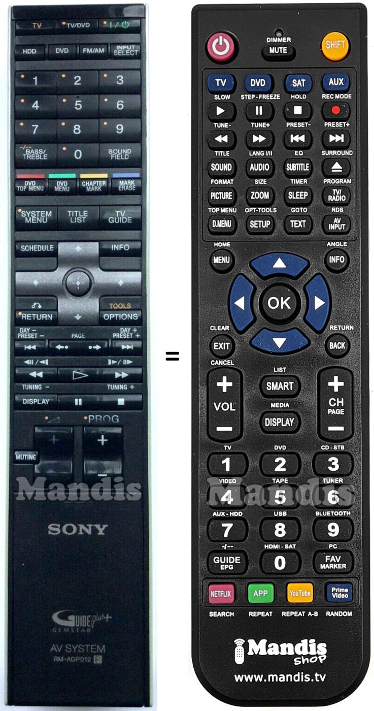 Mando a distancia equivalente Sony RM-ADP012