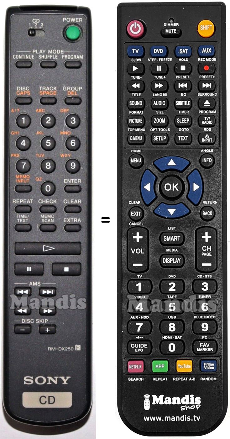 Mando a distancia equivalente Sony RM-DX250