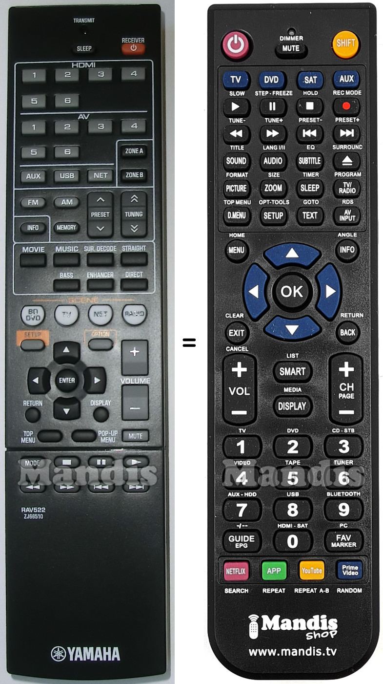 Mando a distancia equivalente Yamaha RAV522