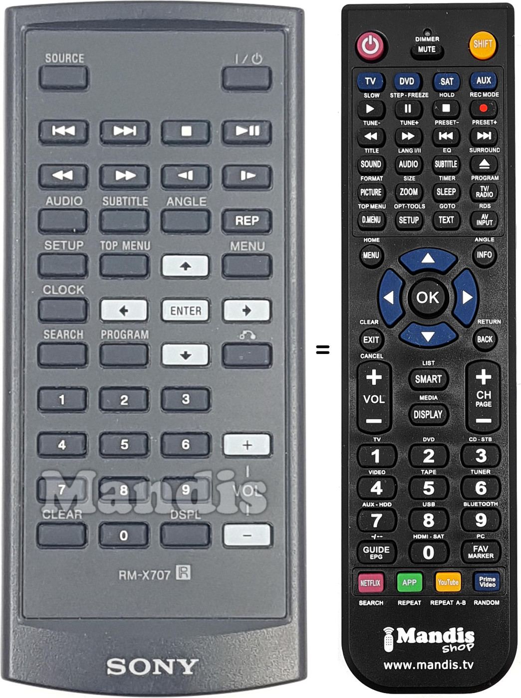 Mando a distancia equivalente Sony RM-X707