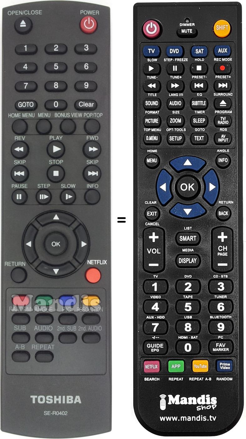 Mando a distancia equivalente Toshiba SE-R0402