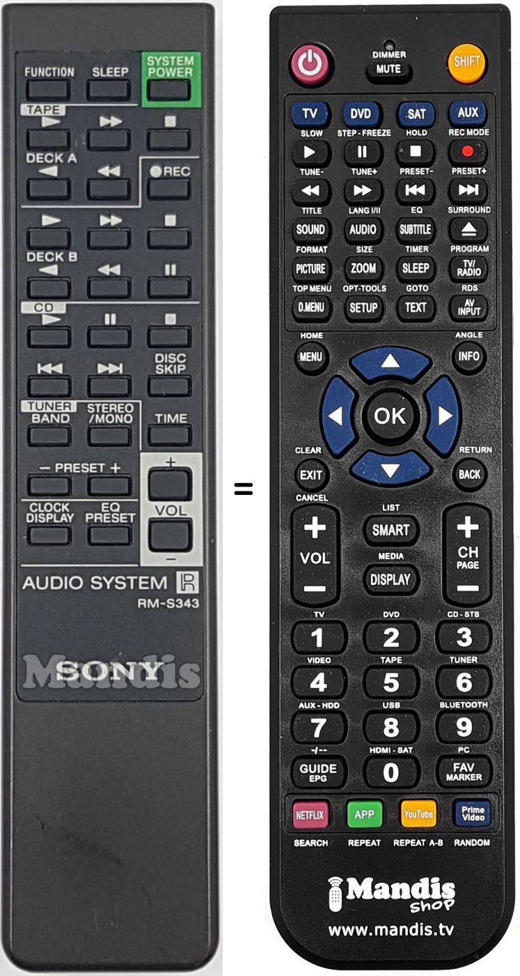 Mando a distancia equivalente Sony RM-S343