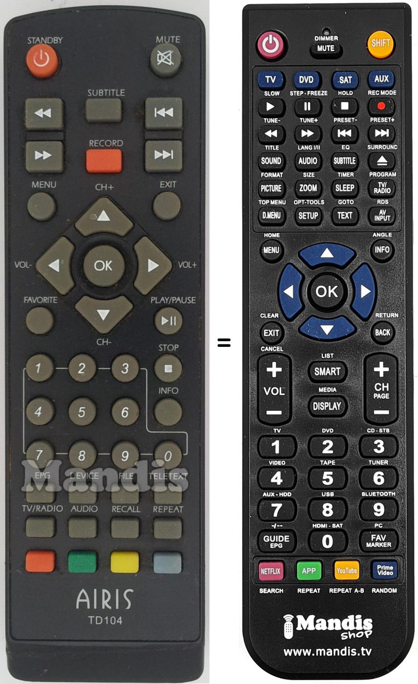Comandament a distància equivalent Airis TD104